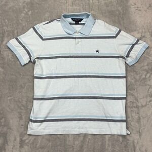 Brooks Brothers Polo Shirt‎ Mens XL White Blue Striped Slim Fit Golf Performance